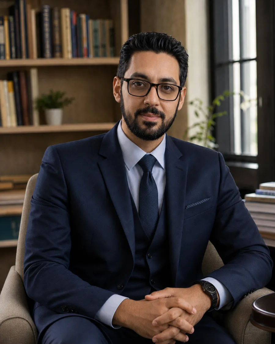 Formal portrait of Dr Osama Qandil in a navy suit