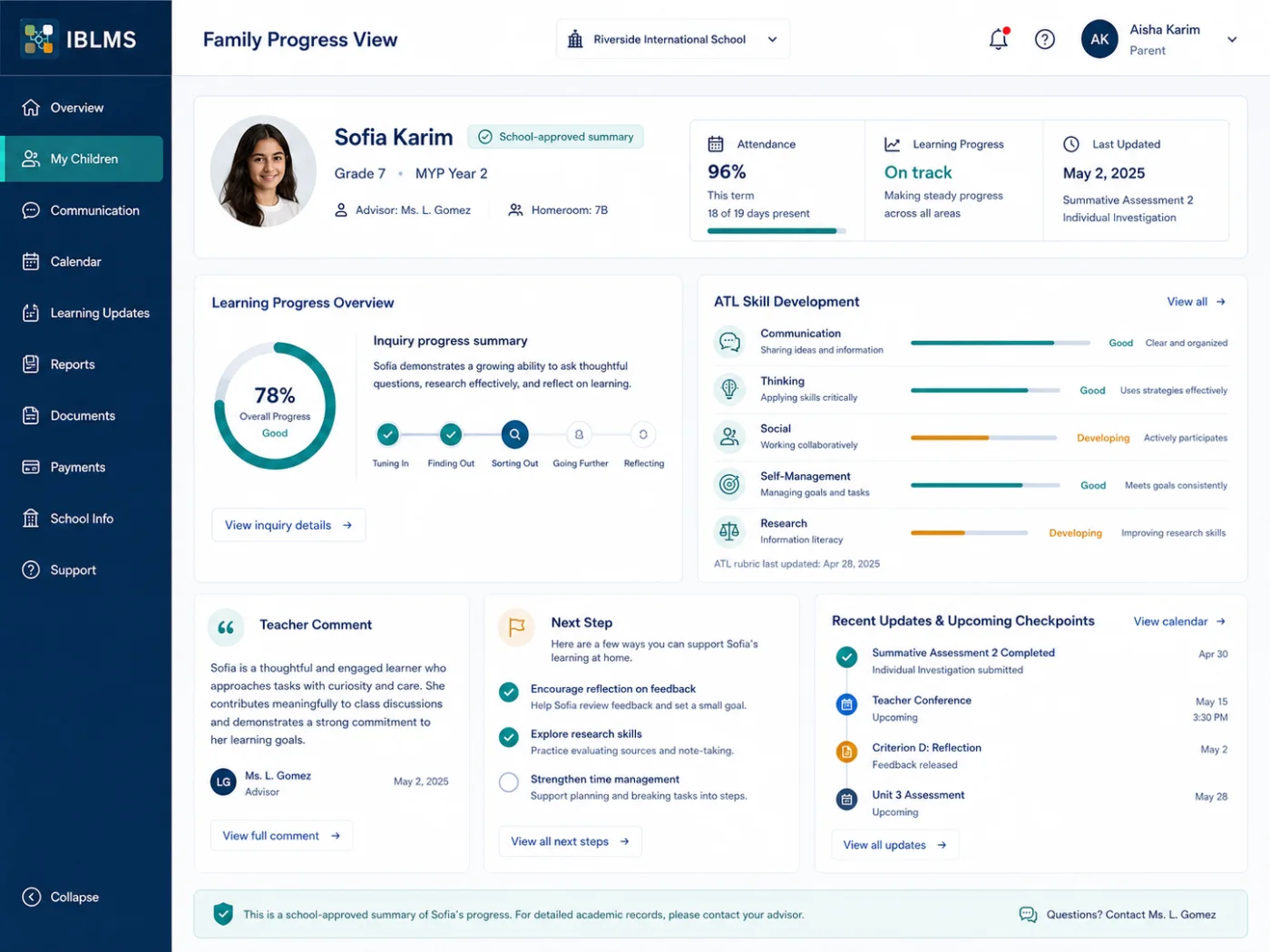 IBLMS family progress interface showing learning progress, feedback, and next steps