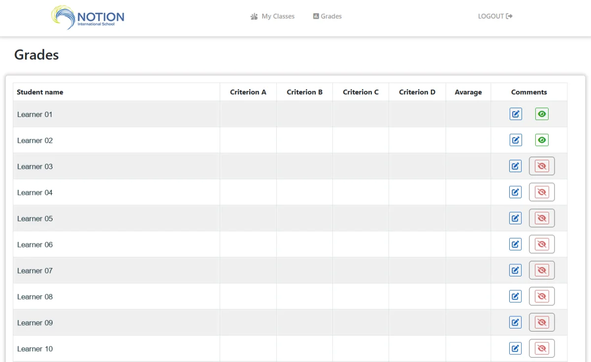 Teacher reporting interface with class-wide criteria entry and comment-status indicators