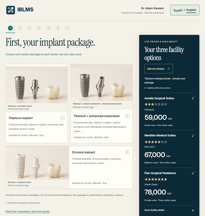 Surgery demonstration showing implant package choices alongside three facility options and their prices