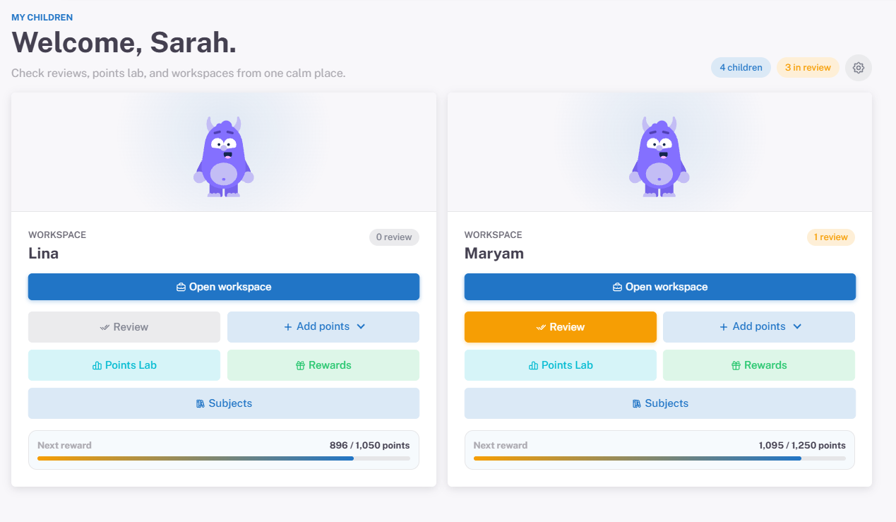 Week14 parent dashboard showing review, progress, and rewards