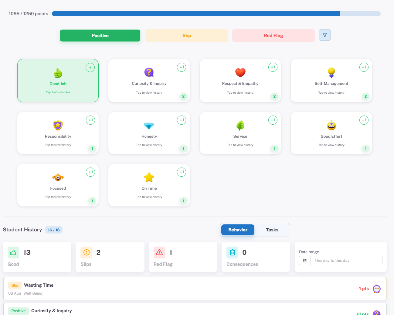 Week14 points workspace showing behaviour and progress categories